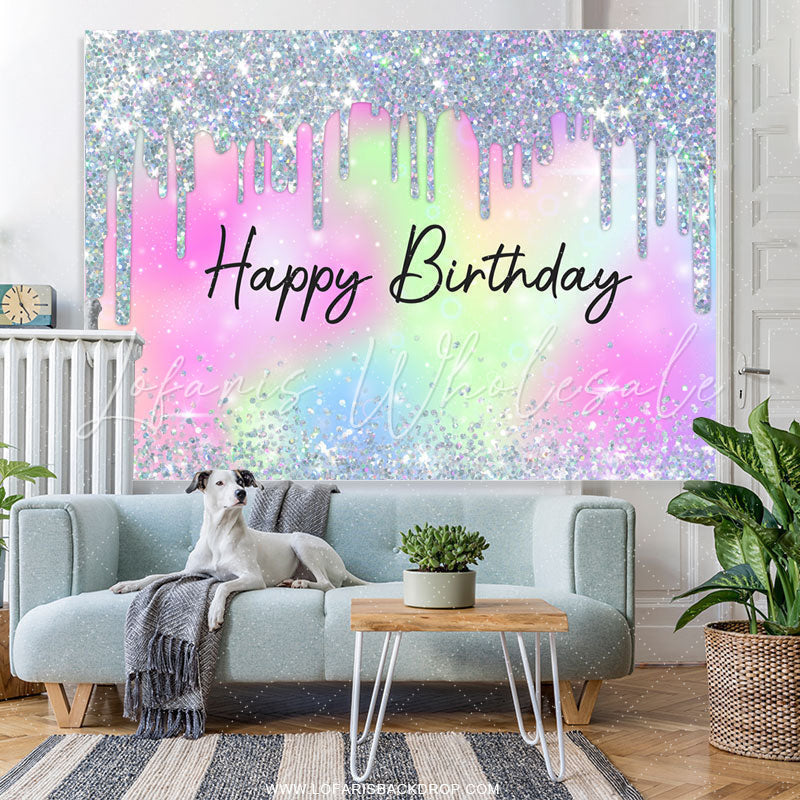 Lofaris Glitter Silver With Rainbow Color Birthday Backdrop