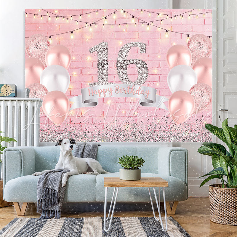 Lofaris Glitter Silver Girls Pink Balloon Birthday Backdrop