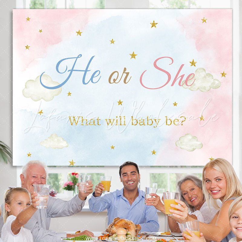 Lofaris Glitter Starry Cloud Watercolor Gender Reveal Backdrop