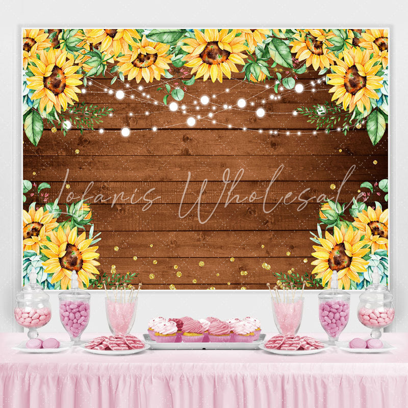 Lofaris Glitter Sunflower Bokeh Wooden Happy Birthday Backdrop