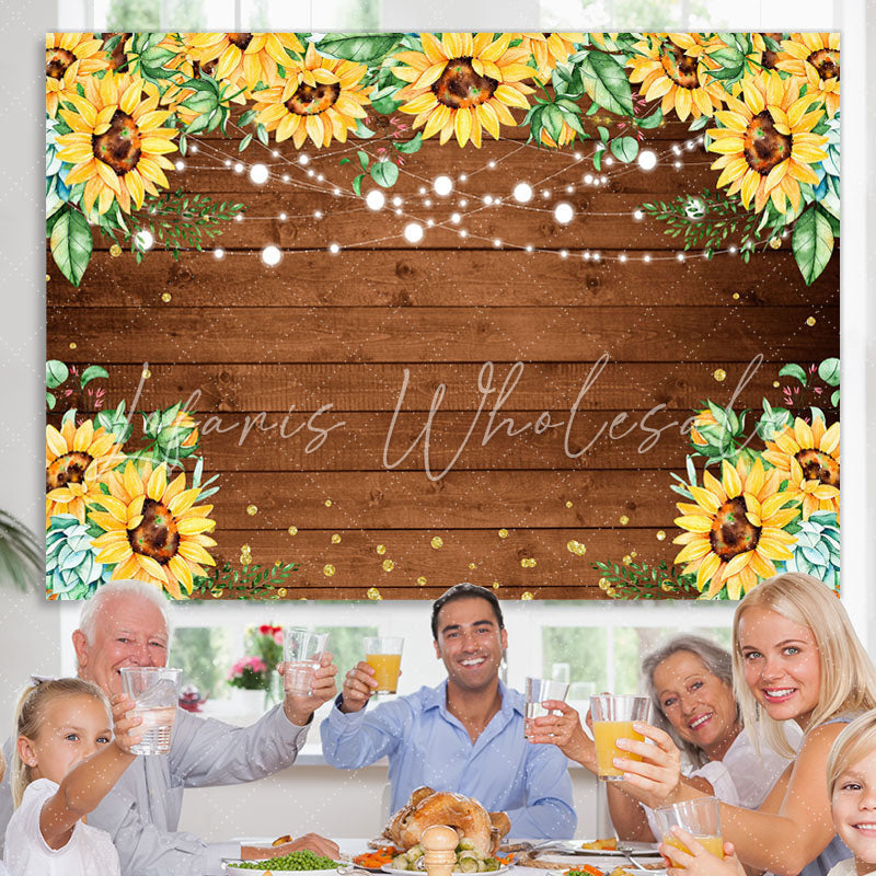 Lofaris Glitter Sunflower Bokeh Wooden Happy Birthday Backdrop