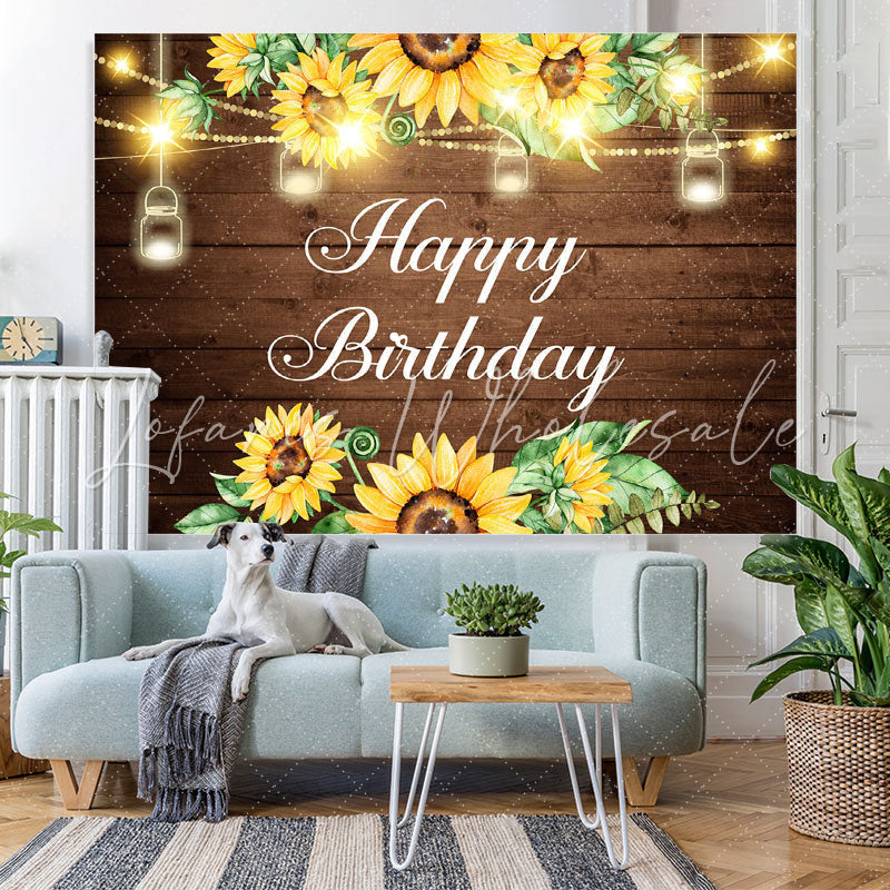 Lofaris Glitter Sunflowers And Wooden Happy Birthday Backdrop