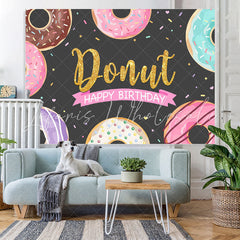 Lofaris Glitter Sweet Donut Black Happy Birthday Party Backdrop