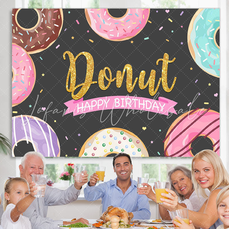 Lofaris Glitter Sweet Donut Black Happy Birthday Party Backdrop
