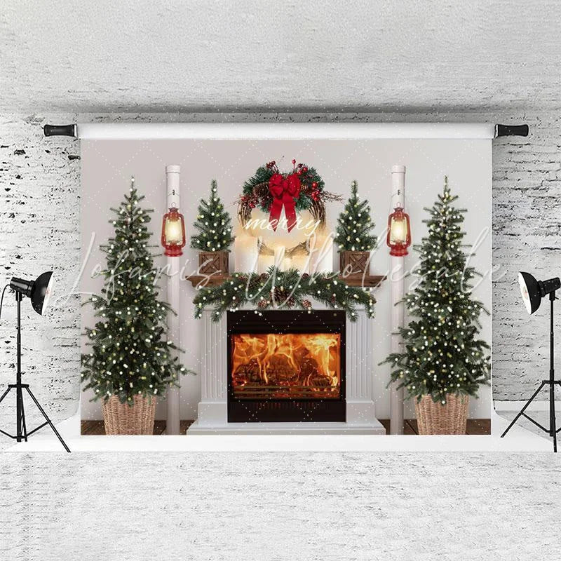 Lofaris Glitter Tree And Fireplace White Christmas Backdrop