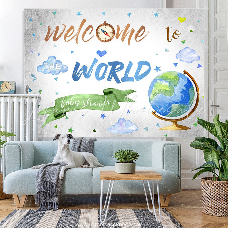 Lofaris Globe Welcome To World Backdrop Baby Shower