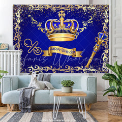 Lofaris Glod Brown And Navy Blue Crown Happy Birthday Backdrop