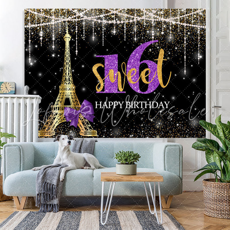 Lofaris Glod Tower Happy Birthday Sweet 16 Glitter Bokeh Backdrop for Party