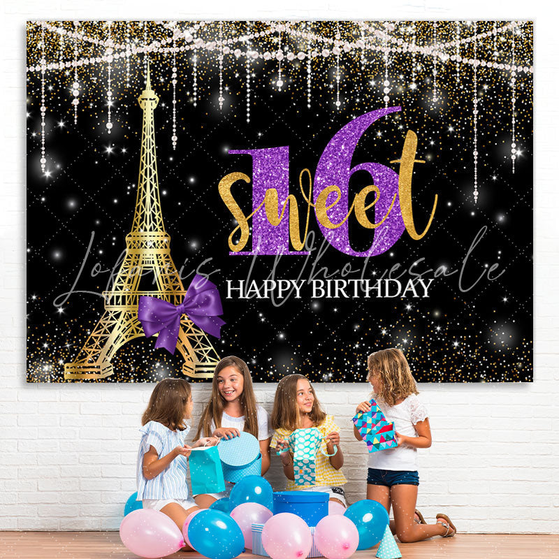 Lofaris Glod Tower Happy Birthday Sweet 16 Glitter Bokeh Backdrop for Party