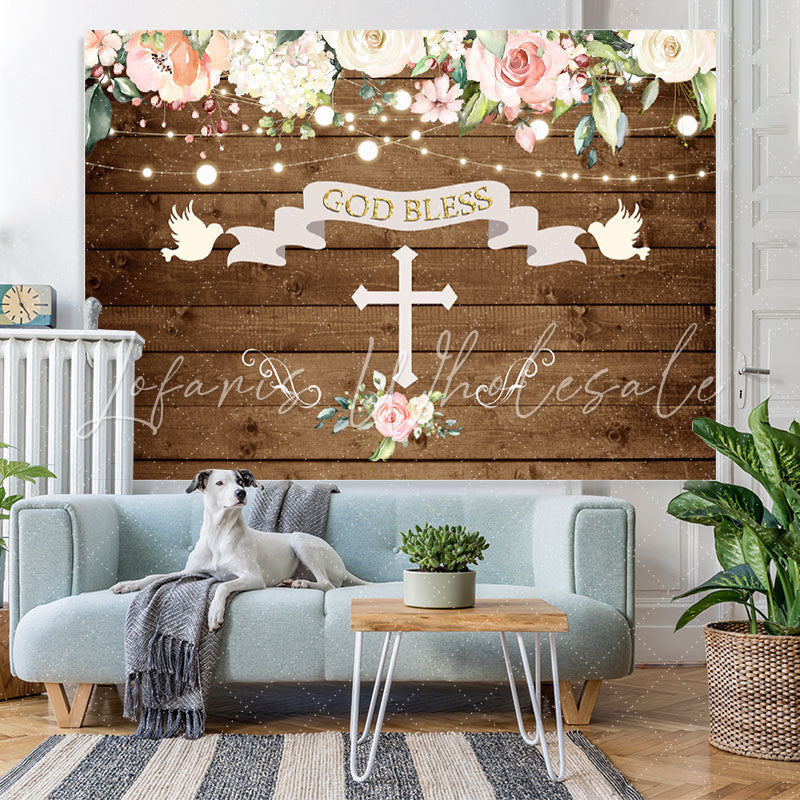 Lofaris God Bless Doves and Florals Wooden Backdrop for Baby