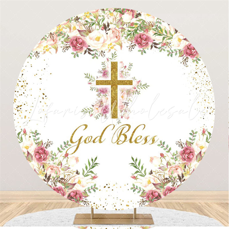 Lofaris God Bless Gold Cross Happy Birthday Round Backdrop