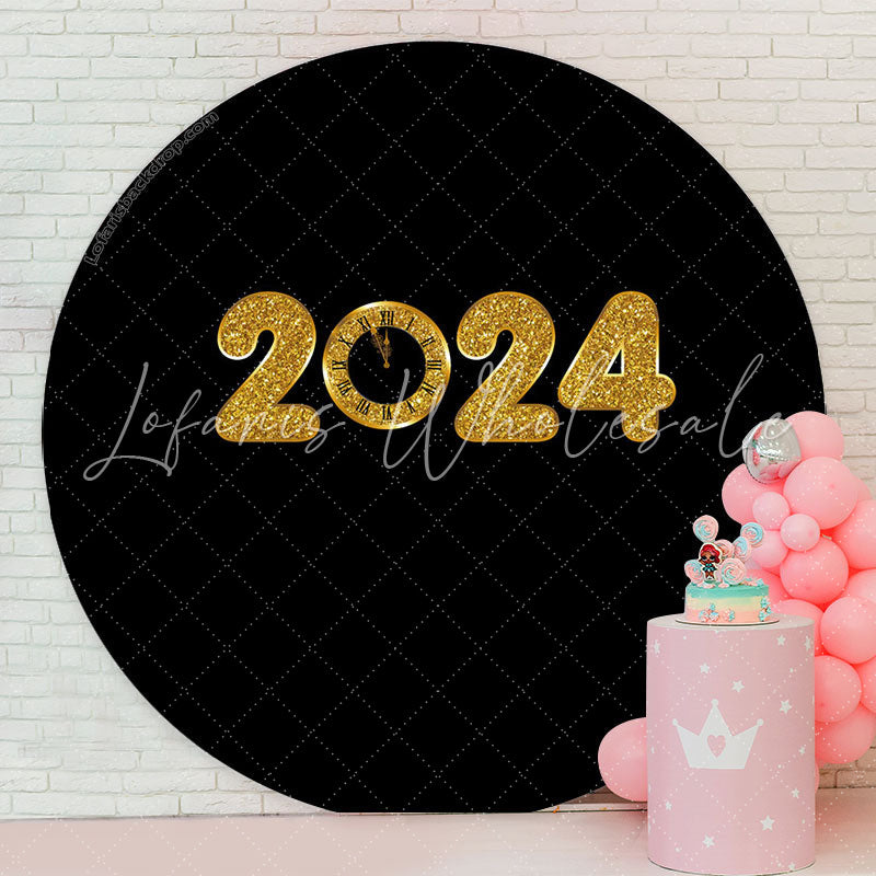 Lofaris Gold 2024 Black Theme Happy New Year Circle Backdrop