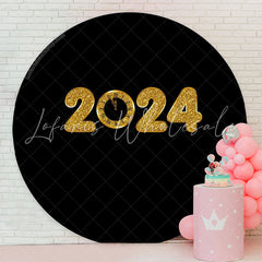 Lofaris Gold 2024 Black Theme Happy New Year Circle Backdrop