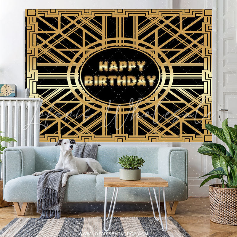 Lofaris Gold Abstract Line And Black Happy Birthday Backdrop