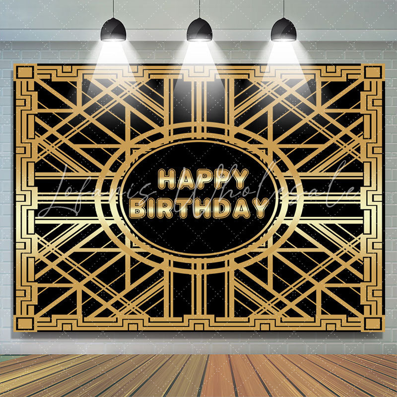 Lofaris Gold Abstract Line And Black Happy Birthday Backdrop