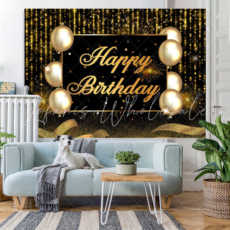 Lofaris Gold And Black Ballon Glitter Happy Birthday Backdrop
