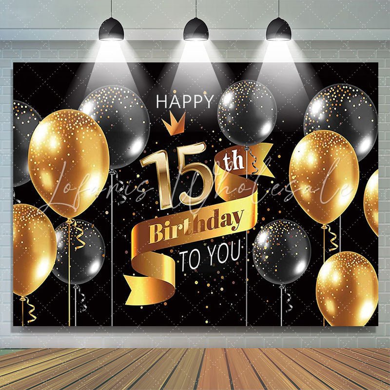 Lofaris Gold And Black Balloons Glitter 15th Birthday Backdrop