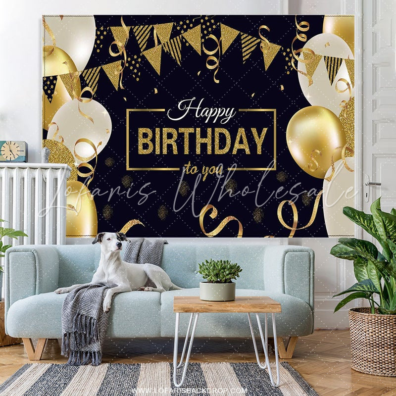 Lofaris Gold And Black Glitter Ballons Happy Birthday Backdrop