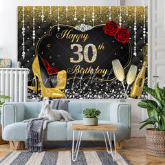 Lofaris Gold and Black Red Rose Diamond 30th Birthday Backdrop