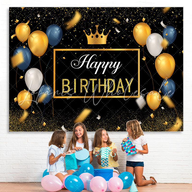 Lofaris Gold and Blue Ballons Black Glitter Birthday Backdrop