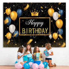 Lofaris Gold and Blue Ballons Black Glitter Birthday Backdrop