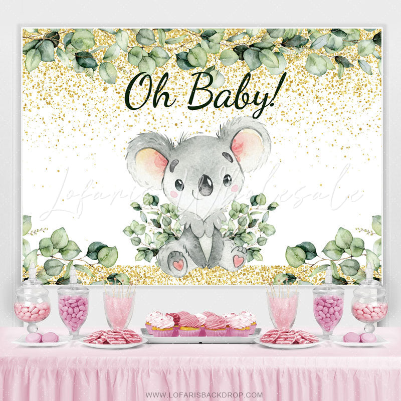 Lofaris Gold And Green Leaves Lovely Koala Baby Shower Backdrop