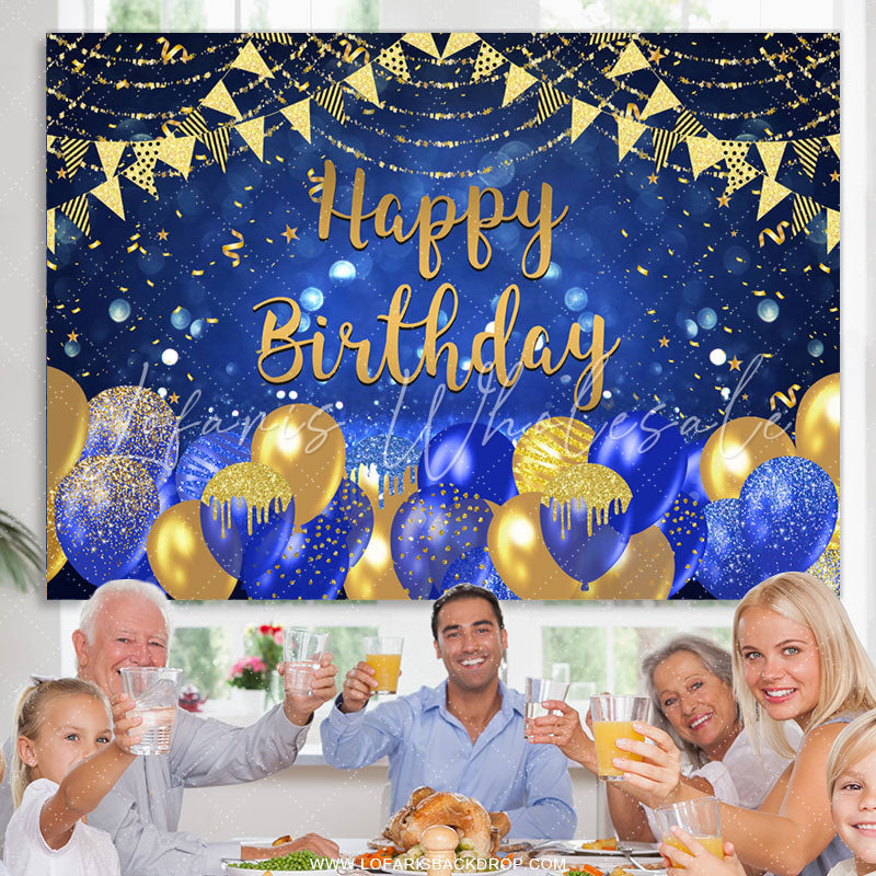 Lofaris Gold And Navy Blue Balloons Glitter Birthday Backdrop