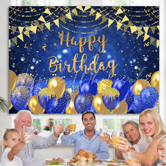 Lofaris Gold And Navy Blue Balloons Glitter Birthday Backdrop