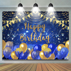 Lofaris Gold And Navy Blue Balloons Glitter Birthday Backdrop