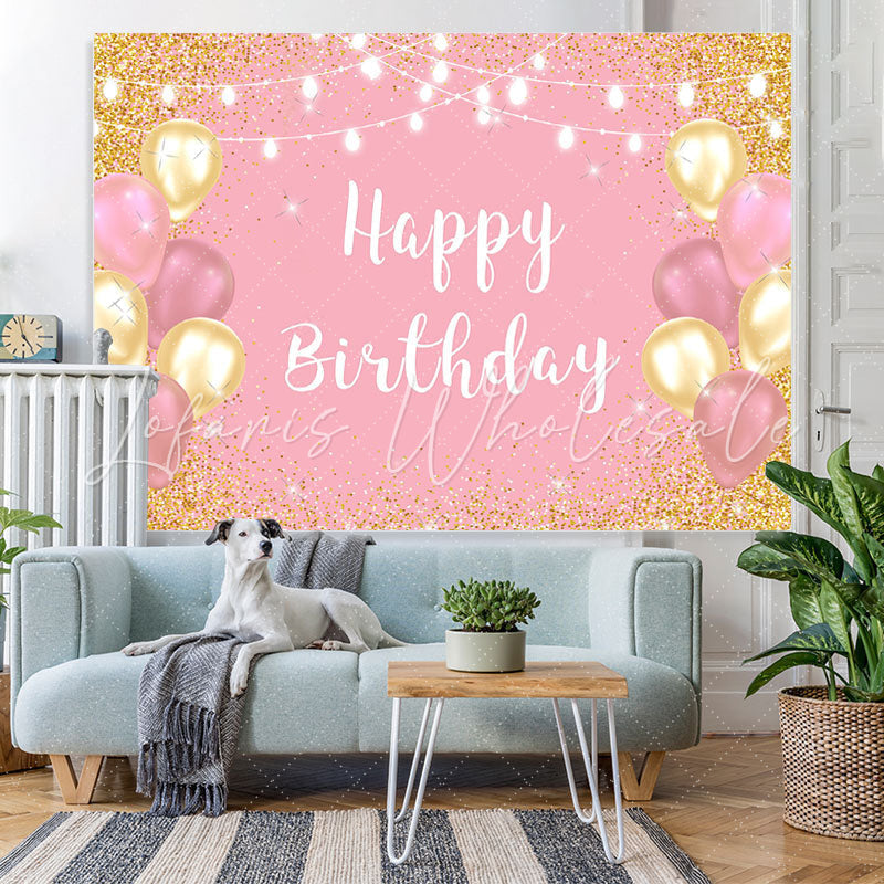 Lofaris Gold And Pink Ballon Glitter Birthday Backdrop For Girl