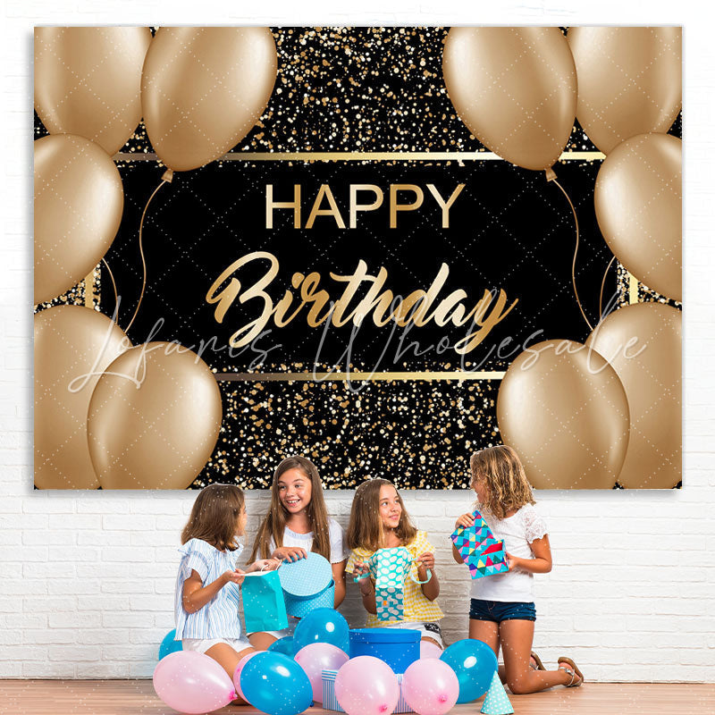 Lofaris Gold Ballons And Black Glitter Happy Birthday Backdrop
