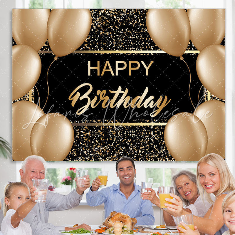 Lofaris Gold Ballons And Black Glitter Happy Birthday Backdrop