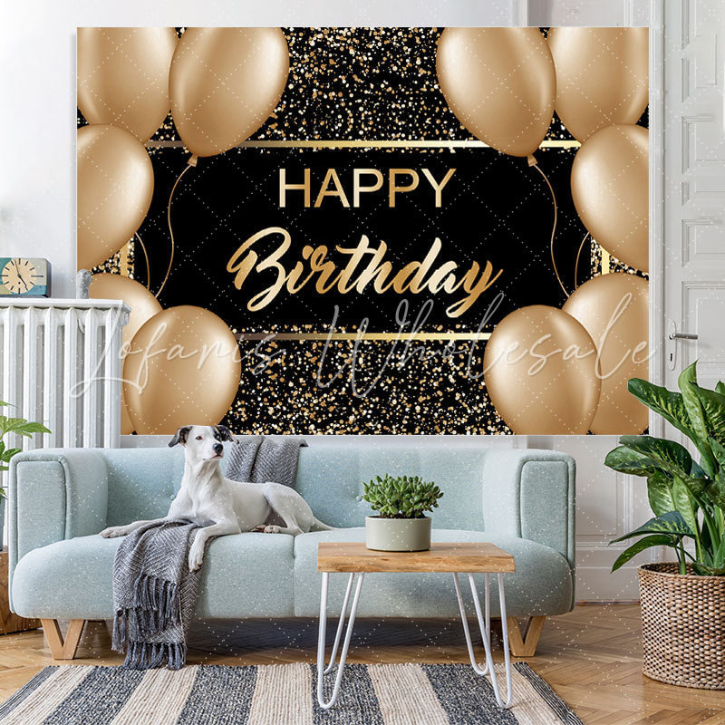 Lofaris Gold Ballons And Black Glitter Happy Birthday Backdrop