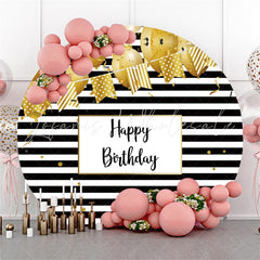 Lofaris Gold Balloon Black White Stripes Round Birthday Backdrop