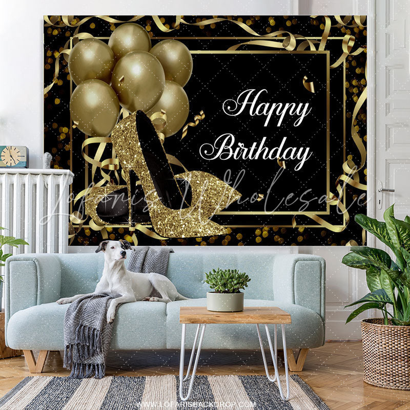 Lofaris Gold Balloons And Glitter Heels Happy Birthday Backdrop