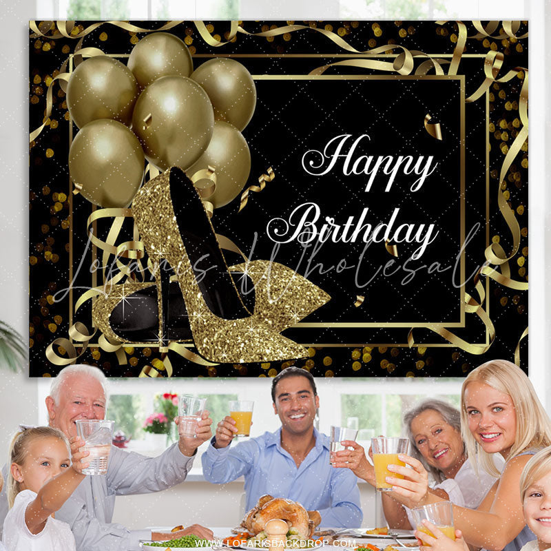 Lofaris Gold Balloons And Glitter Heels Happy Birthday Backdrop