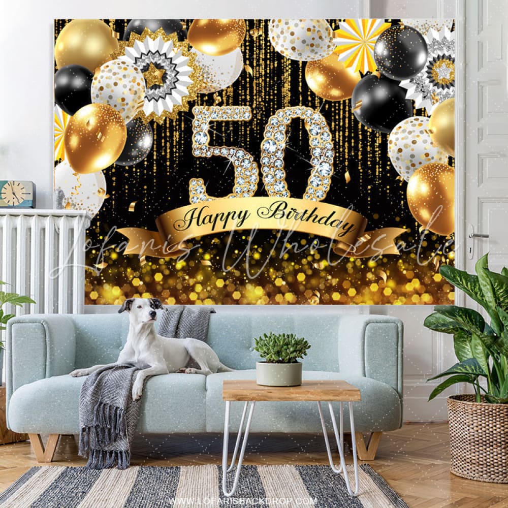 Lofaris Gold Balloons Bokeh Glitter Happy 50th Birthday Backdrop