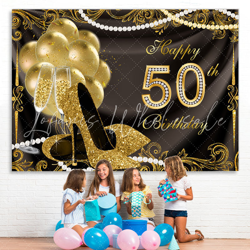 Lofaris Gold Balloons Glitter 50th Happy Birthday Backdrop