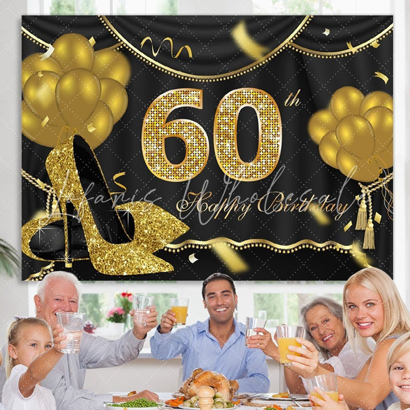 Lofaris Gold Balloons Glitter 60th Happy Birthday Backdrop