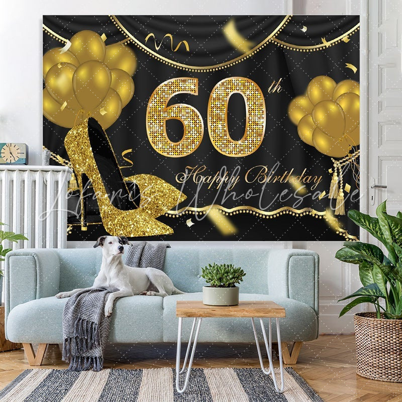 Lofaris Gold Balloons Glitter 60th Happy Birthday Backdrop