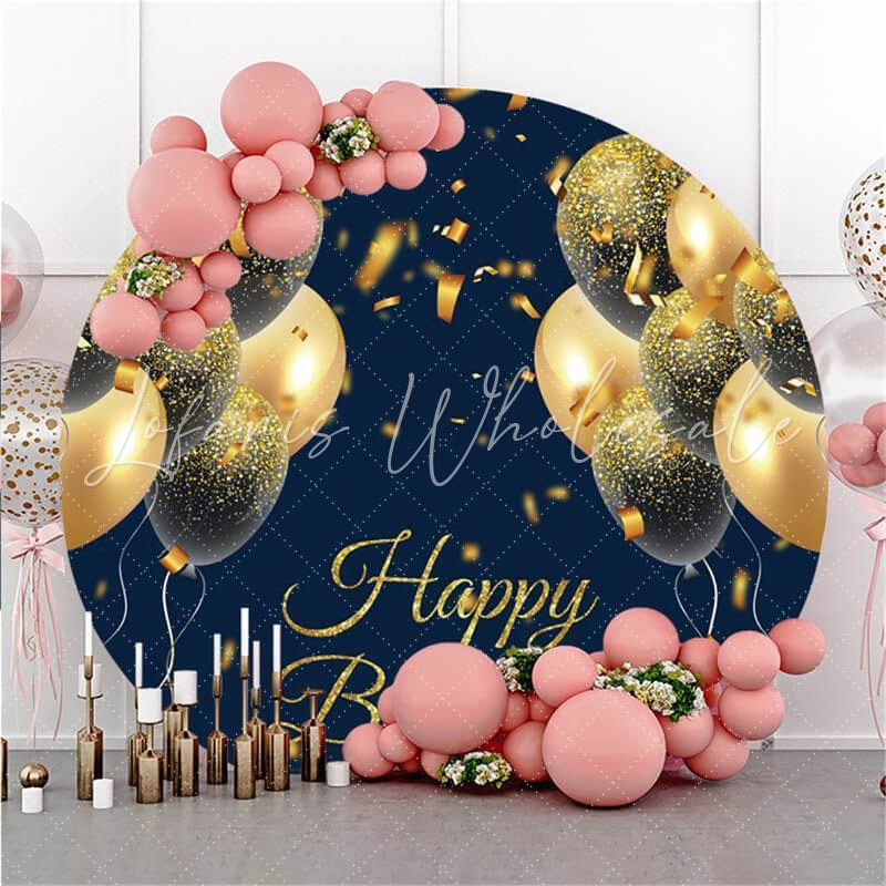 Lofaris Gold-Blue Balloons Round Birthday Backdrop For Girl