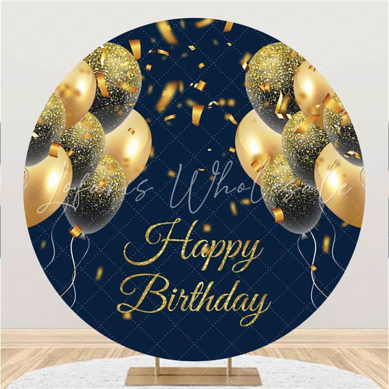 Lofaris Gold-Blue Balloons Round Birthday Backdrop For Girl