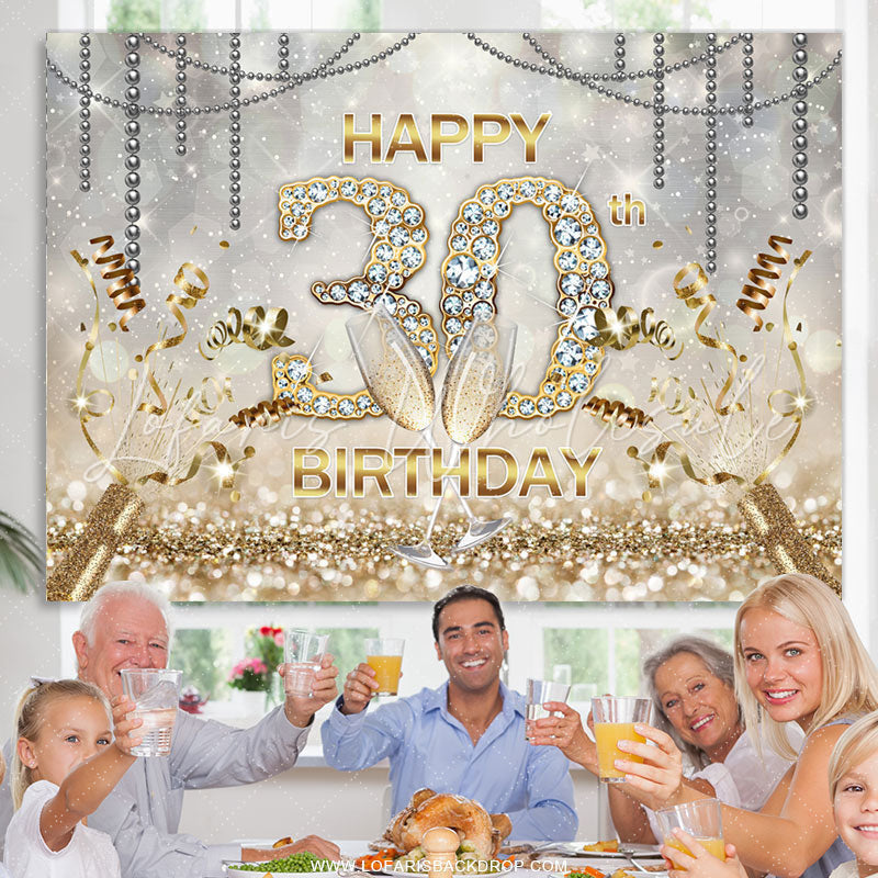 Lofaris Gold Bokeh Diamons Happy 30th Birthday Party Backdrop