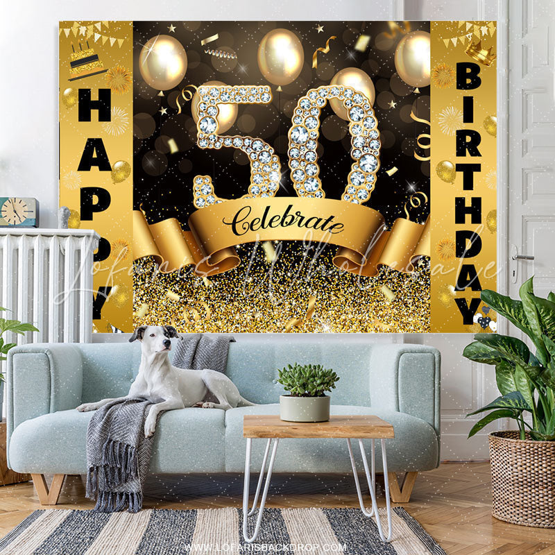 Lofaris Gold Bokeh Glitter Celebrate Happy 50th Birthday Backdrop