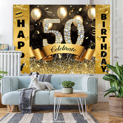 Lofaris Gold Bokeh Glitter Celebrate Happy 50th Birthday Backdrop
