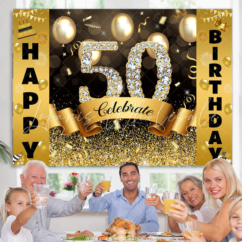 Lofaris Gold Bokeh Glitter Celebrate Happy 50th Birthday Backdrop