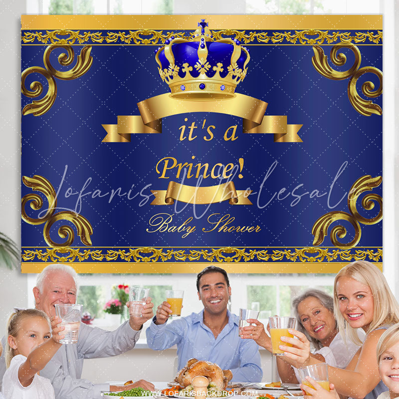 Lofaris Gold Crown And Blue Little Prince Baby Shower Backdrop