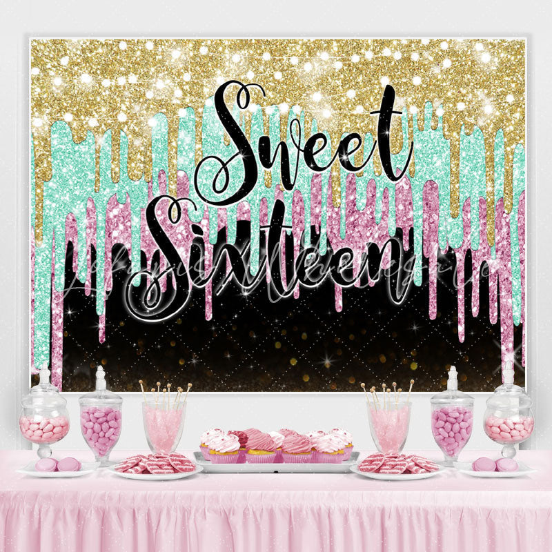 Lofaris Gold Cyan and Pink Sweet Sixteen Birthday Backdrop