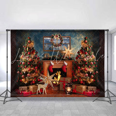 Lofaris Gold Elk Red Socks Fireplace Christmas Theme Backdrop