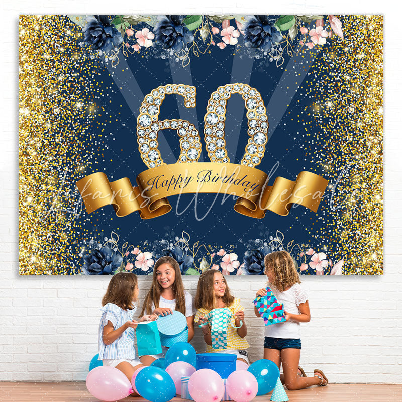Lofaris Gold Glitter And Flowers Happy 60th Birthday Backdrop